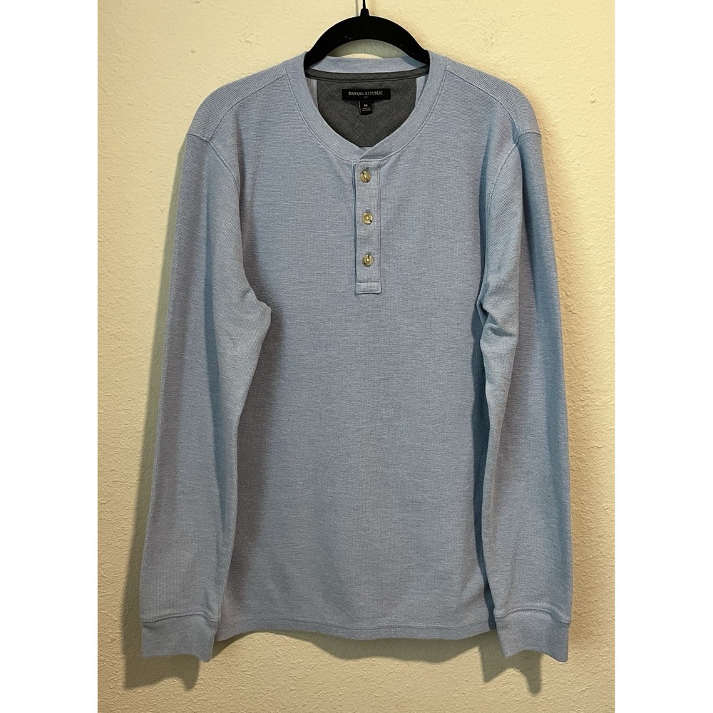 Banana Republic Henley Shirt Men's Medium Waffle Knit Cotton Blend Light Blue LS